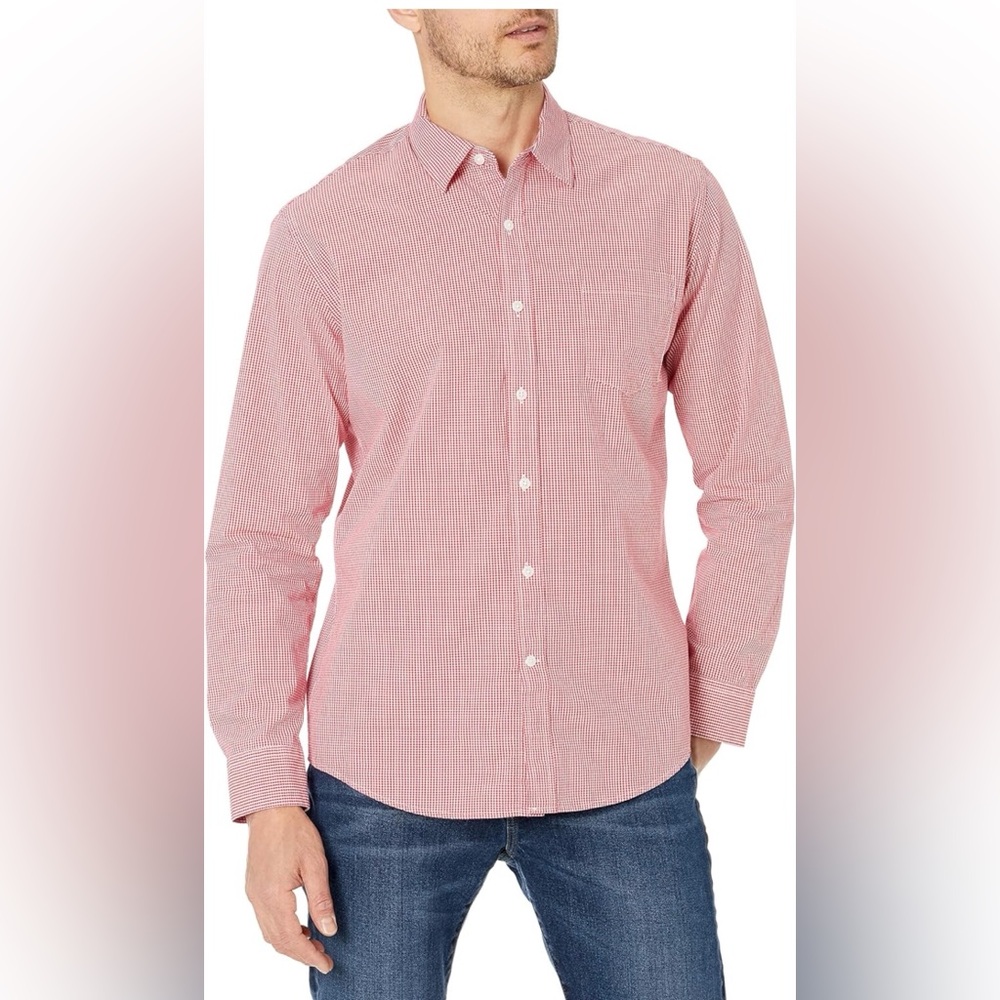 Amazon Essentials Men's Red Micro-Check Button-Down Shirt. Size Large